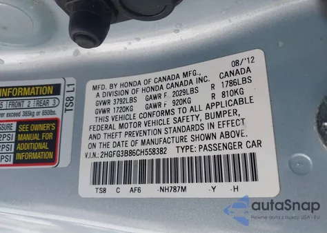 2012 Honda Civic Ex z USA, uszkodzony, nr VIN 2HGFG3B86CH558382